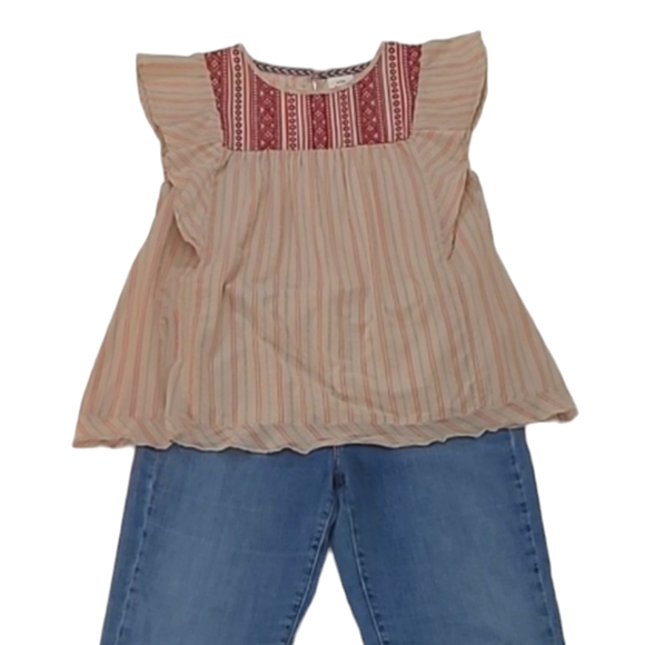 Knox Rose Boho Top Flutter Sleeve Striped Smock Style Embroidered Flounce Blouse - Picture 3 of 17